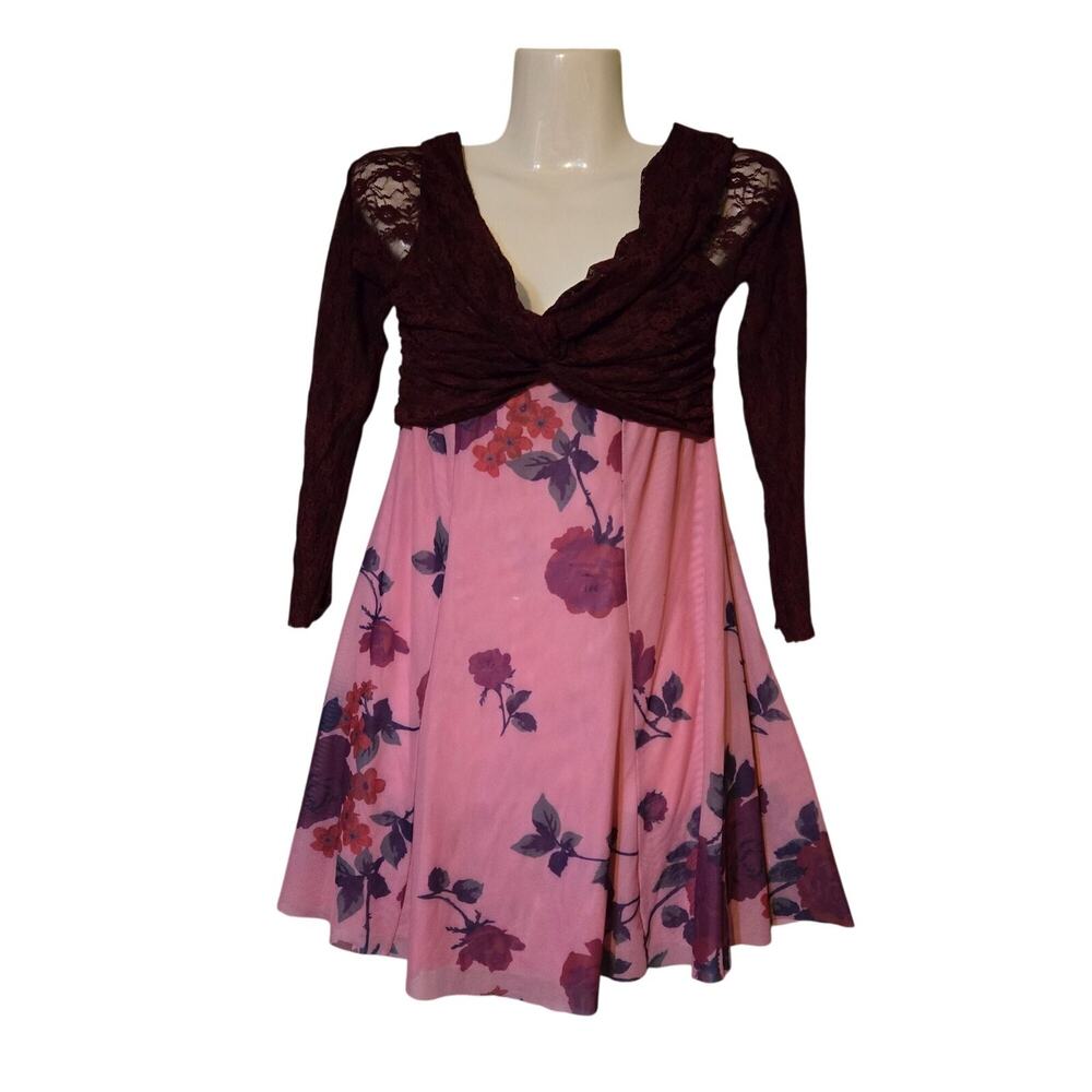 Kimchi Blue Women's M‎ Babydoll Dress Pink Floral Lace Long Sleeve Y2K Aesthetic - Picture 4 of 16